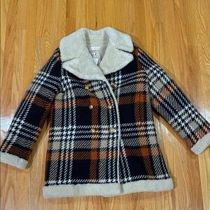 Tory Burch Black, Brown & Cream Plaid Sherpa-Trim Double-Breasted Pea Coat
